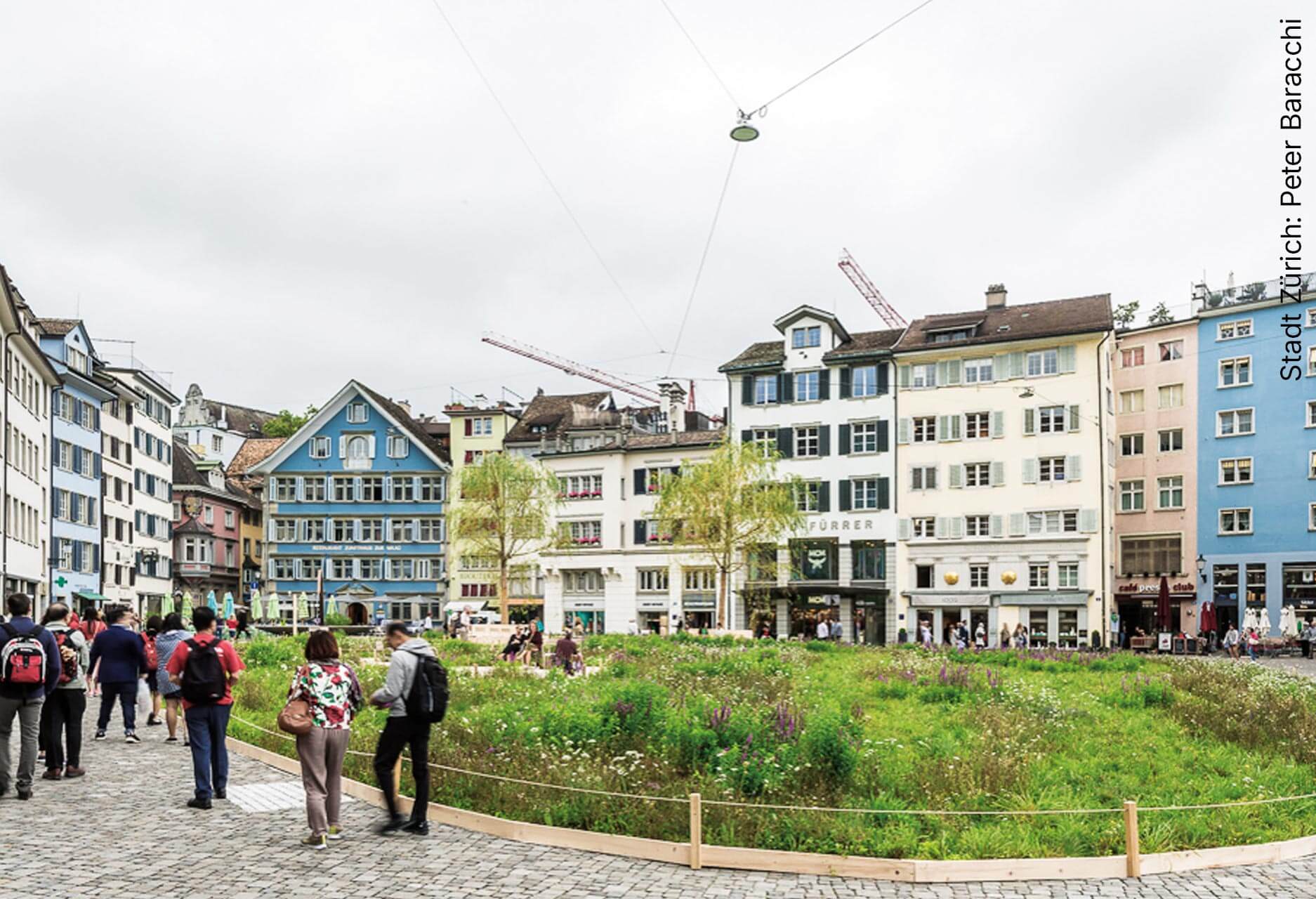 Menschen flanieren neben einer Grünfläche auf dem Münsterhof.